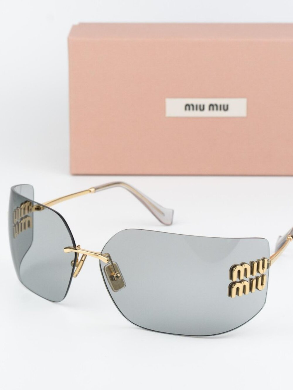 NEW Miu Miu MU54YS 5AK30B Gold Light Grey Wraparound Rimless Women Sunglasses